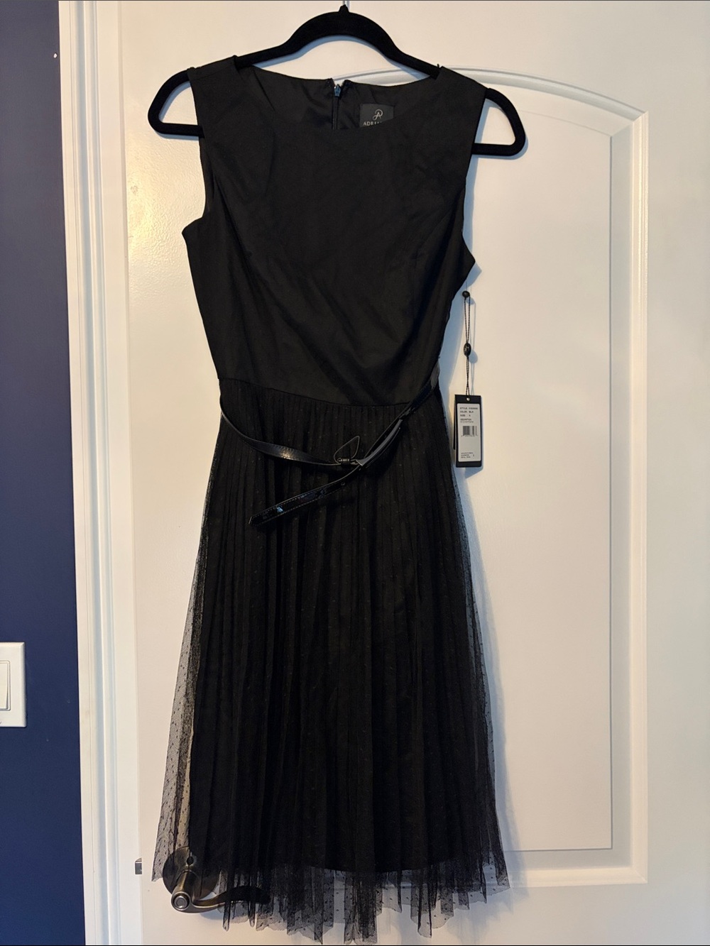 Adrianna Papell Black Sleeveless Midi Dress with Tulle Skirt